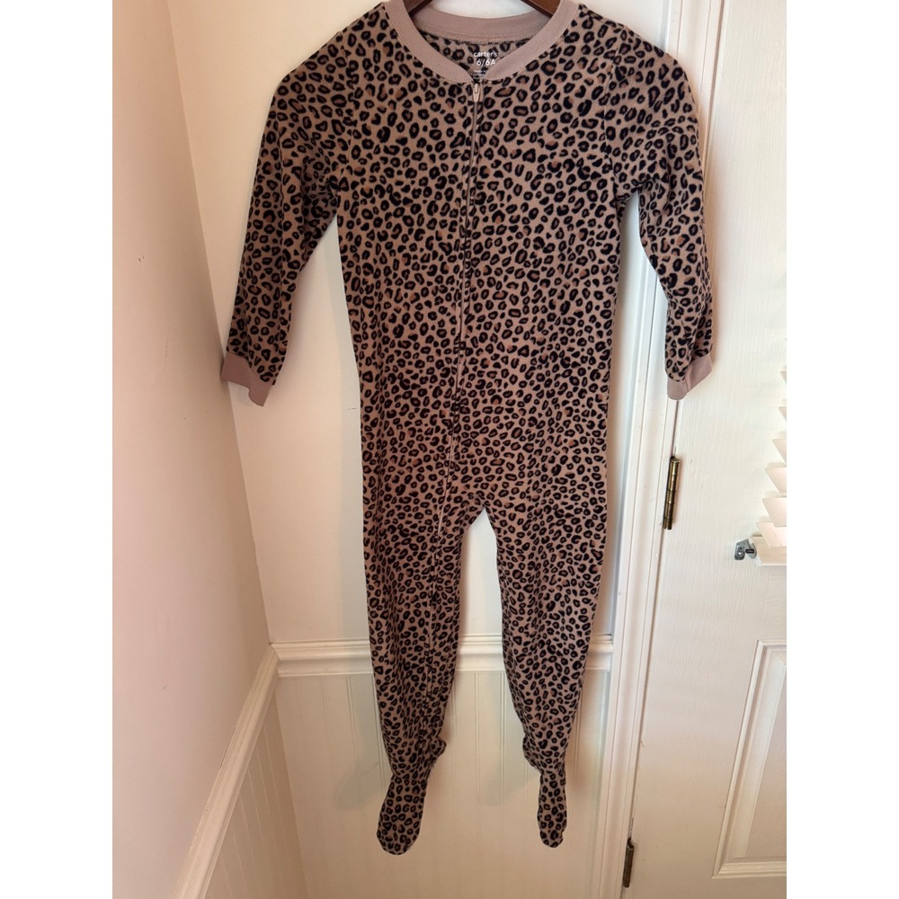 Carters Girls Fleece Footed Pajamas Leopard Animal Print Brown Size 6